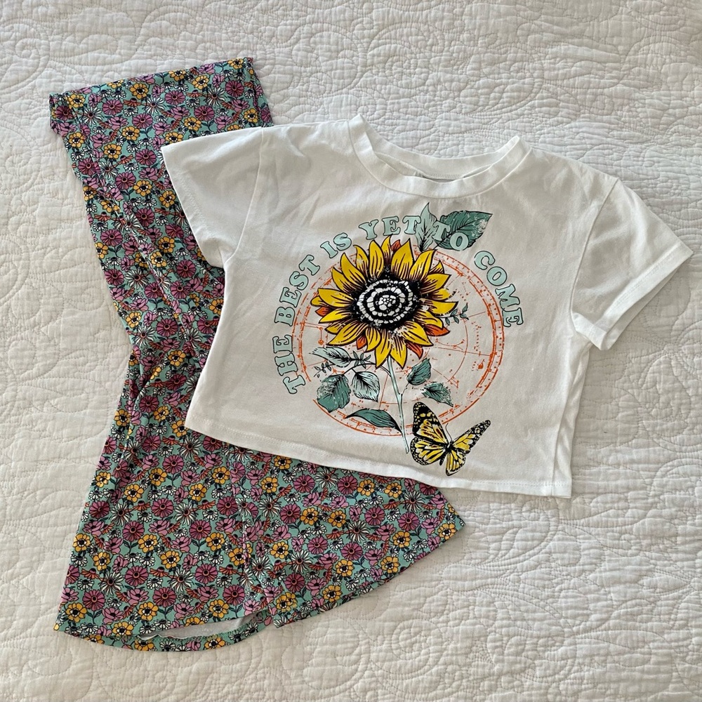 Floral Girls Crop Top and Flare Pants Set by Rare Editions Size 12